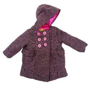 Penelope Mack pink black tweed double breasted Hooded Pea Coat toddler girls 24M